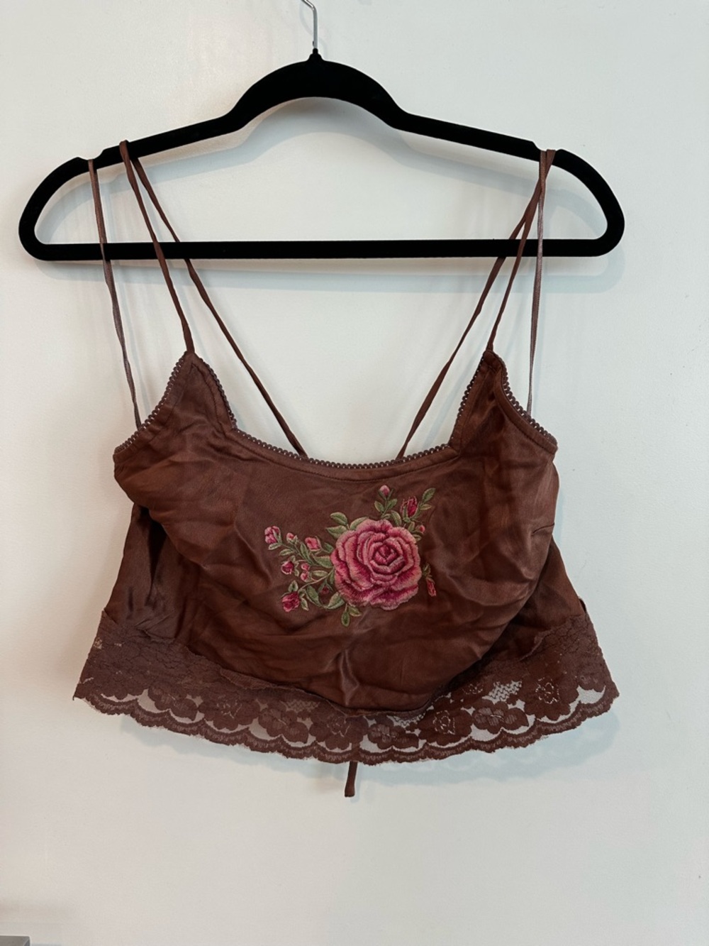 Brown satin lace cami with floral embroidery free people